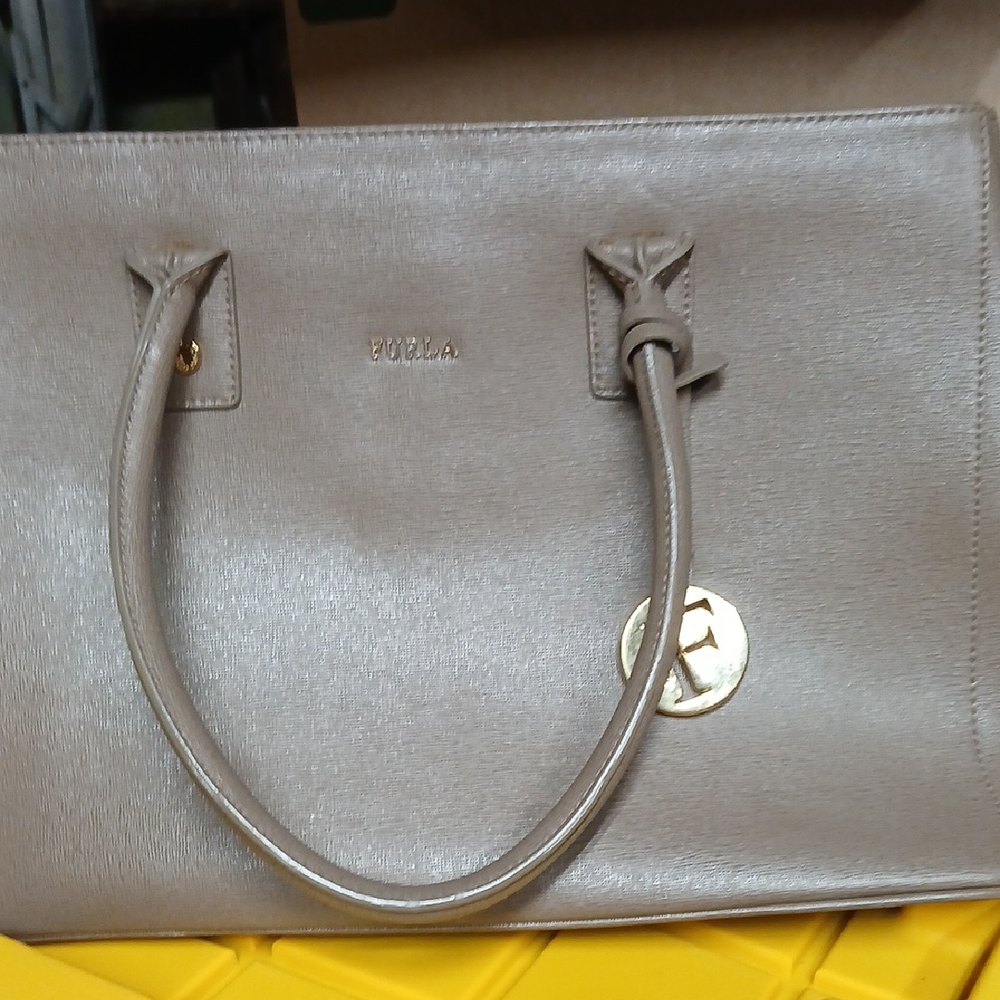 Furla Taupe Leather Tote with Gold Accents EUC